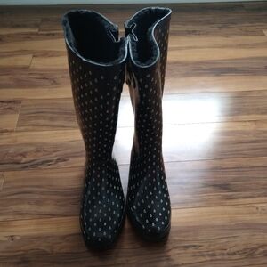 Faux Fur Lined Gold Toe Tall Black Rainboots Raindrops Women's Size 9